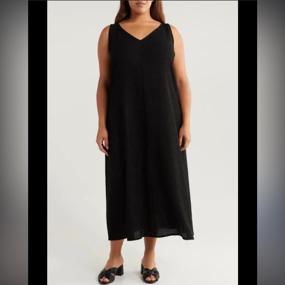 eileen fisher embroidered V neck minimalist silk maxi sleeveless dress size 3X